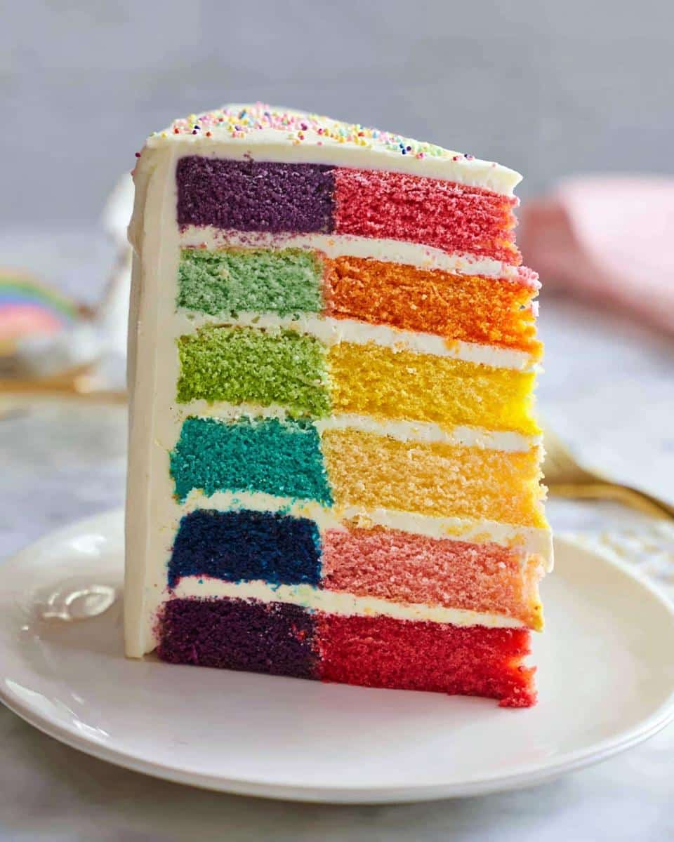 A tall slice of Rainbow Layer Cake showing six distinct, brightly colored layers separated by white frosting and topped with sprinkles.