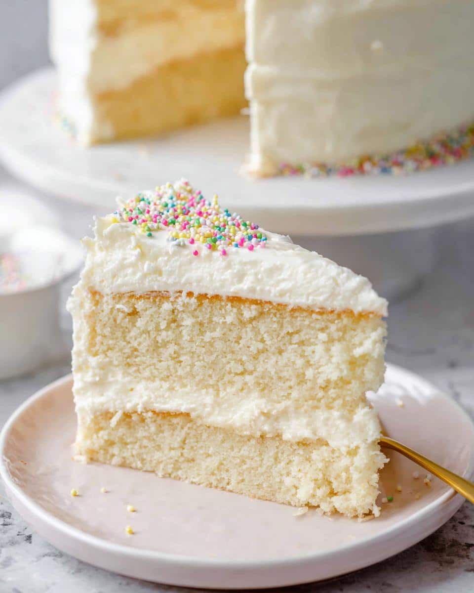 A slice of white layer cake showing a perfect Minimalist White Cake Smooth Finish frosting and colorful sprinkles.