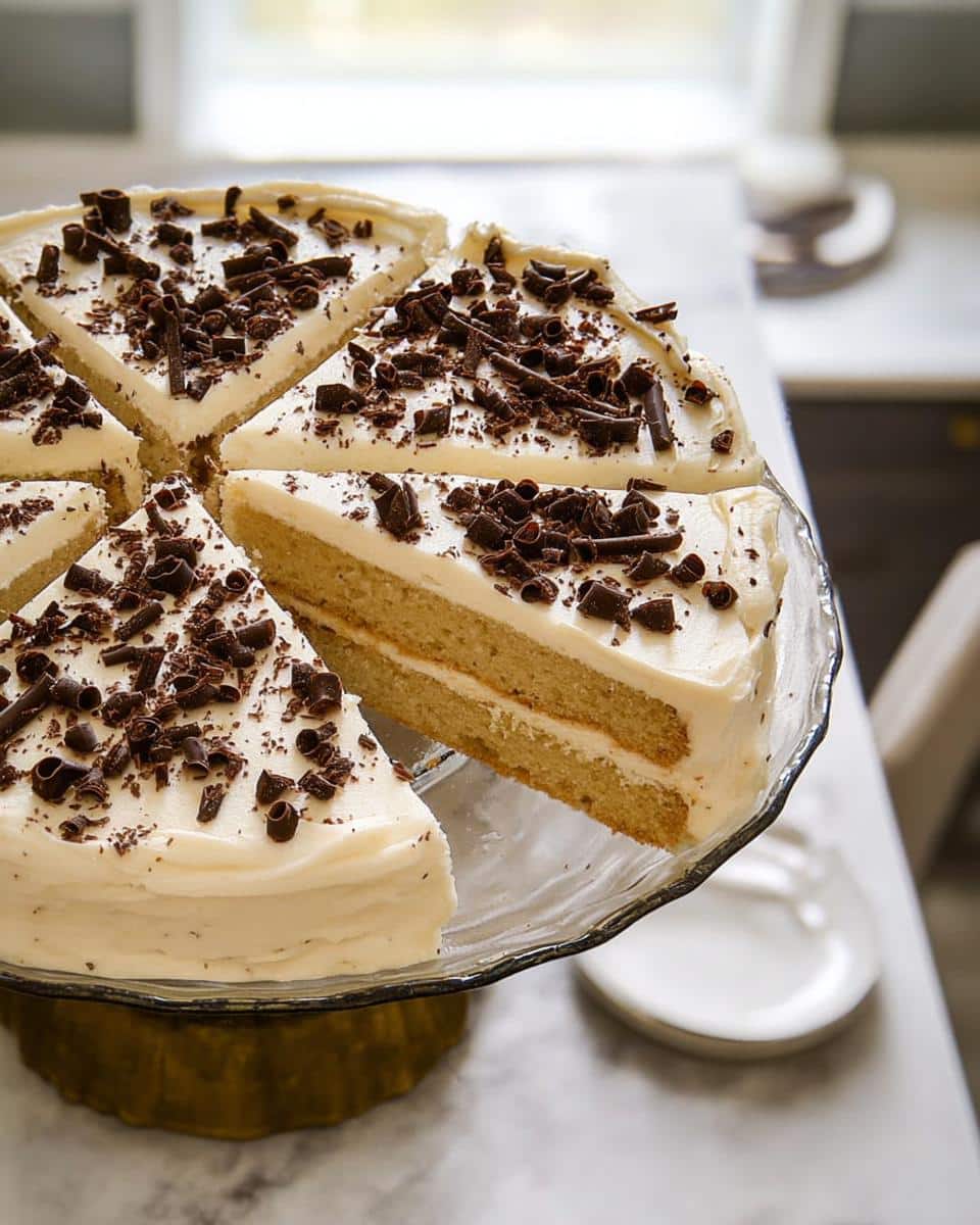 A sliced Irish Cream Cake with thick white frosting and dark chocolate shavings on top.