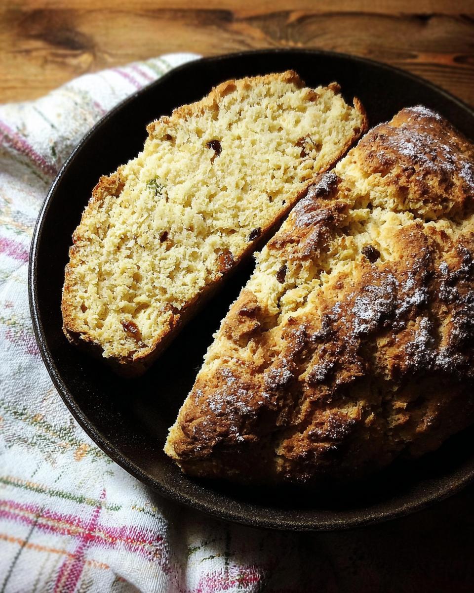 A close-up of sliced Irish Soda Bread, showing the crumb texture and raisins, dusted with powdered sugar.