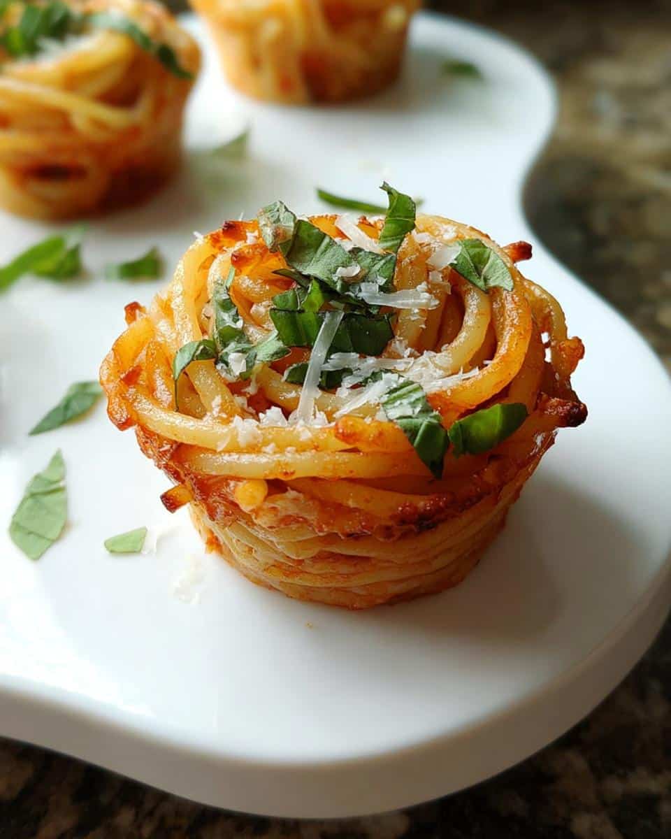 A close-up of a baked Spaghetti Cupcakes portion, topped with shredded Parmesan cheese and fresh basil leaves.