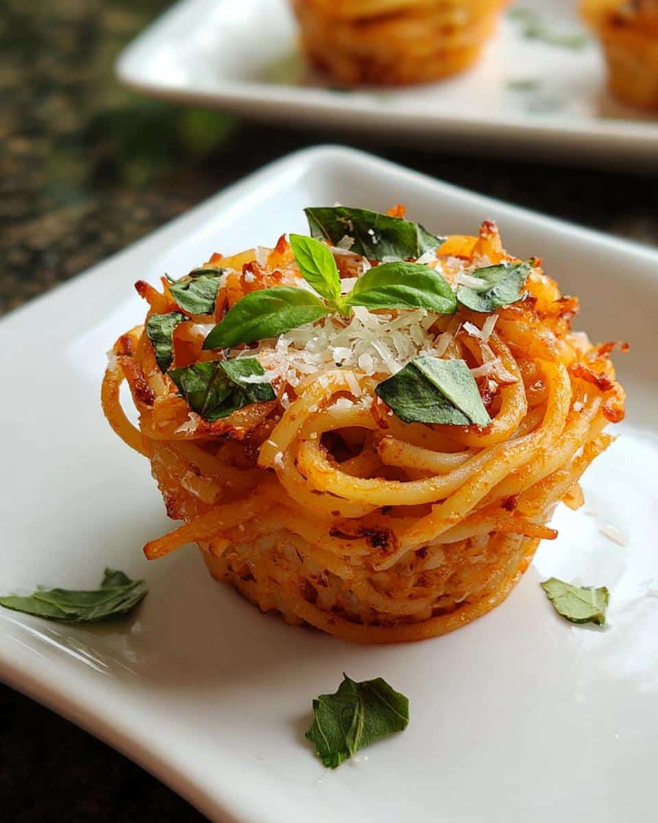 A single baked Spaghetti Cupcakes portion topped with grated Parmesan cheese and fresh basil leaves on a white square plate.