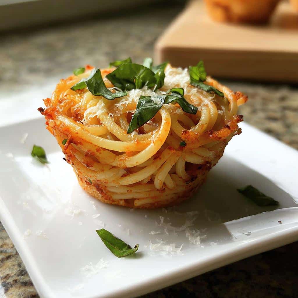 A perfectly formed, baked Spaghetti Cupcakes serving topped with fresh basil leaves and grated Parmesan cheese.