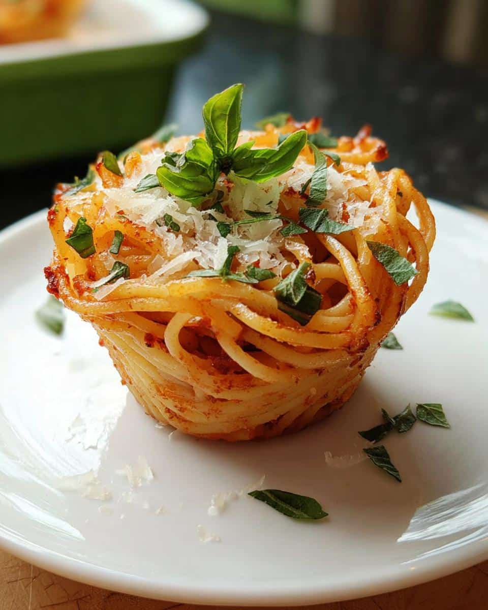 A single, perfectly formed Spaghetti Cupcakes serving, topped with grated Parmesan and fresh basil leaves.