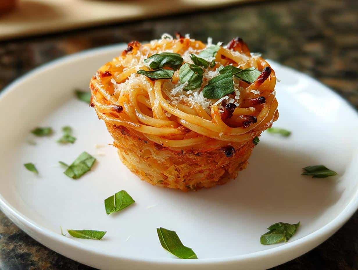 A single, golden-brown Spaghetti Cupcakes serving on a white plate, topped with grated cheese and fresh basil.
