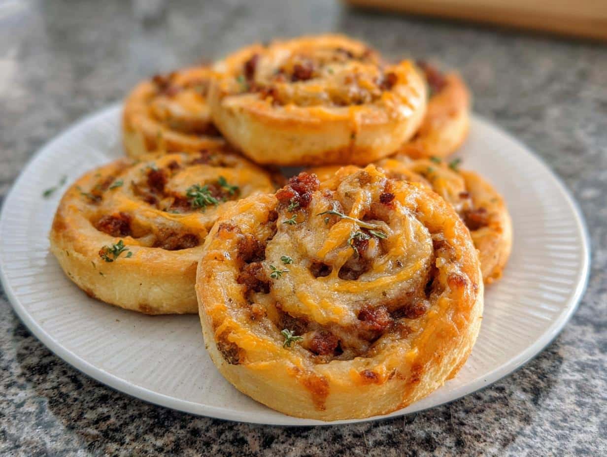 Close-up of several golden-brown Spicy Sausage Pinwheels topped with melted cheese and fresh herbs on a white plate.