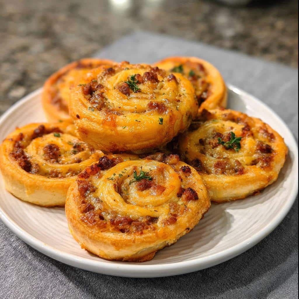 A stack of golden brown Spicy Sausage Pinwheels garnished with herbs on a white serving plate.