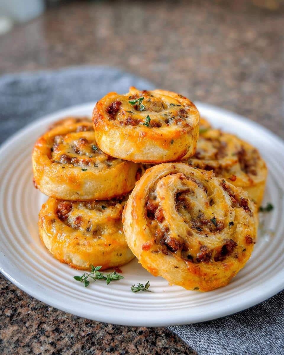 A stack of five golden-brown Spicy Sausage Pinwheels topped with melted cheese on a white plate.
