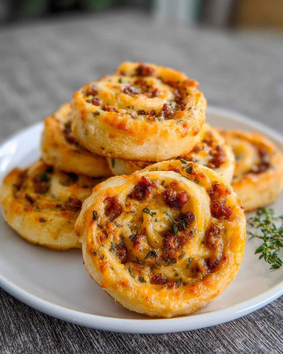 A close-up of golden-brown Spicy Sausage Pinwheels stacked on a white plate, garnished with herbs.