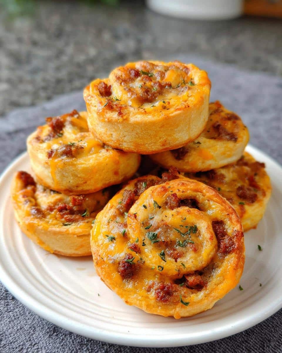 A stack of golden brown Spicy Sausage Pinwheels topped with melted cheddar cheese and parsley on a white plate.