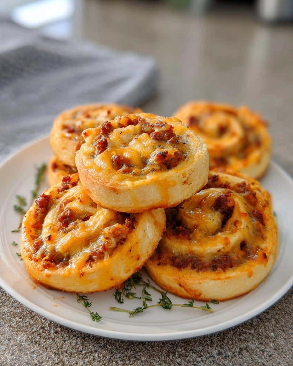A stack of golden brown Spicy Sausage Pinwheels topped with melted cheese served on a white plate.