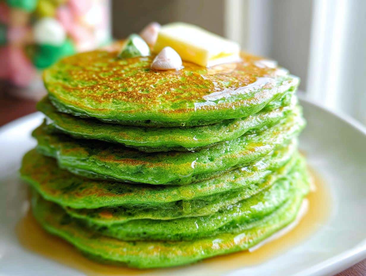 A tall stack of bright green St. Patrick's Day Pancakes drizzled with syrup and topped with butter.
