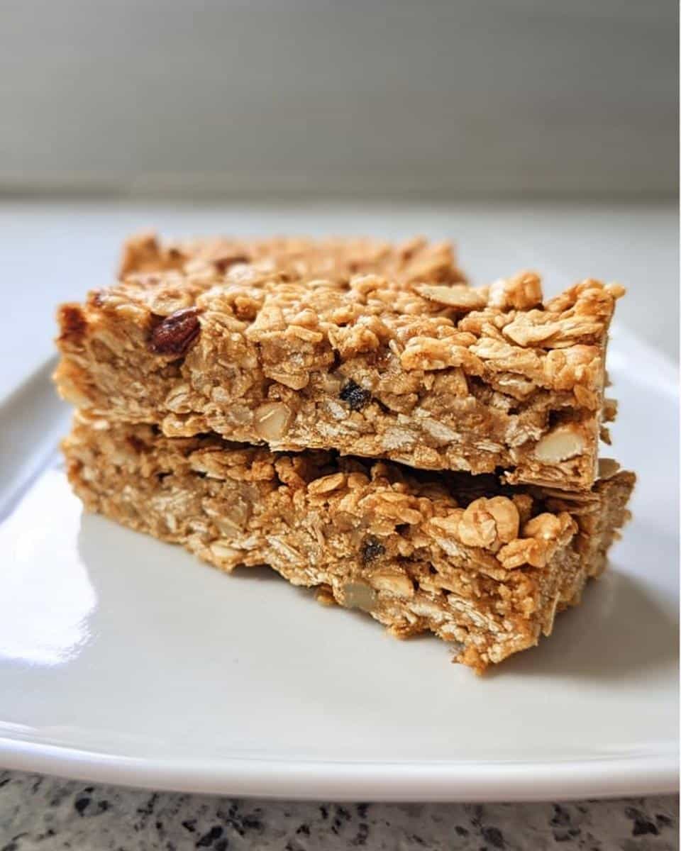 Two stacked, textured Gluten-Free Savory Oat Bars showing oats, nuts, and dried fruit pieces.
