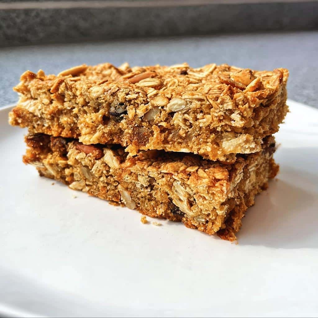 Two stacked, golden-brown Gluten-Free Savory Oat Bars showing texture of oats and seeds on a white plate.