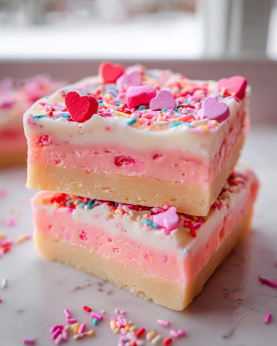 Two stacked squares of pink and white No-Bake Valentine Fudge topped with heart sprinkles.