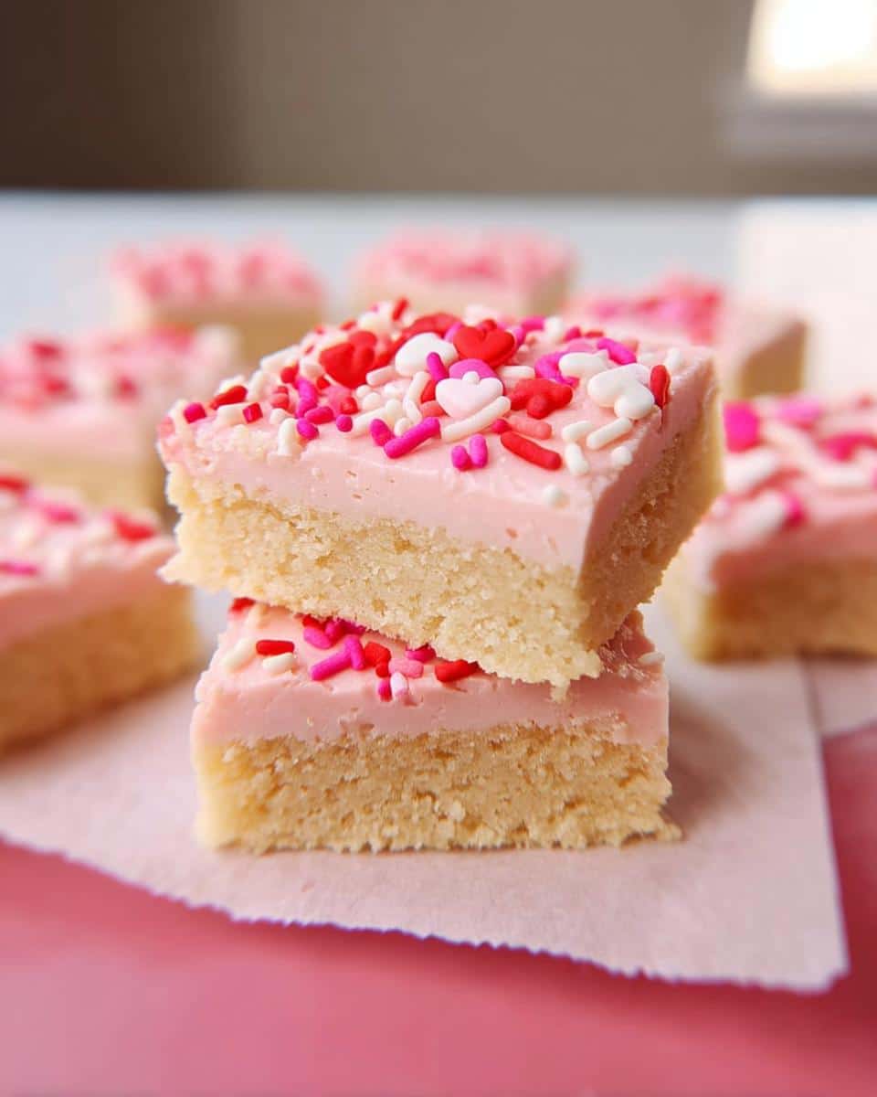 Two stacked squares of Valentine Sugar Cookie Bars topped with pink frosting and heart sprinkles.