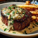 A thick, perfectly cooked steak topped with mushroom Steak Cream Sauce and fresh parsley, served with seasoned fries.