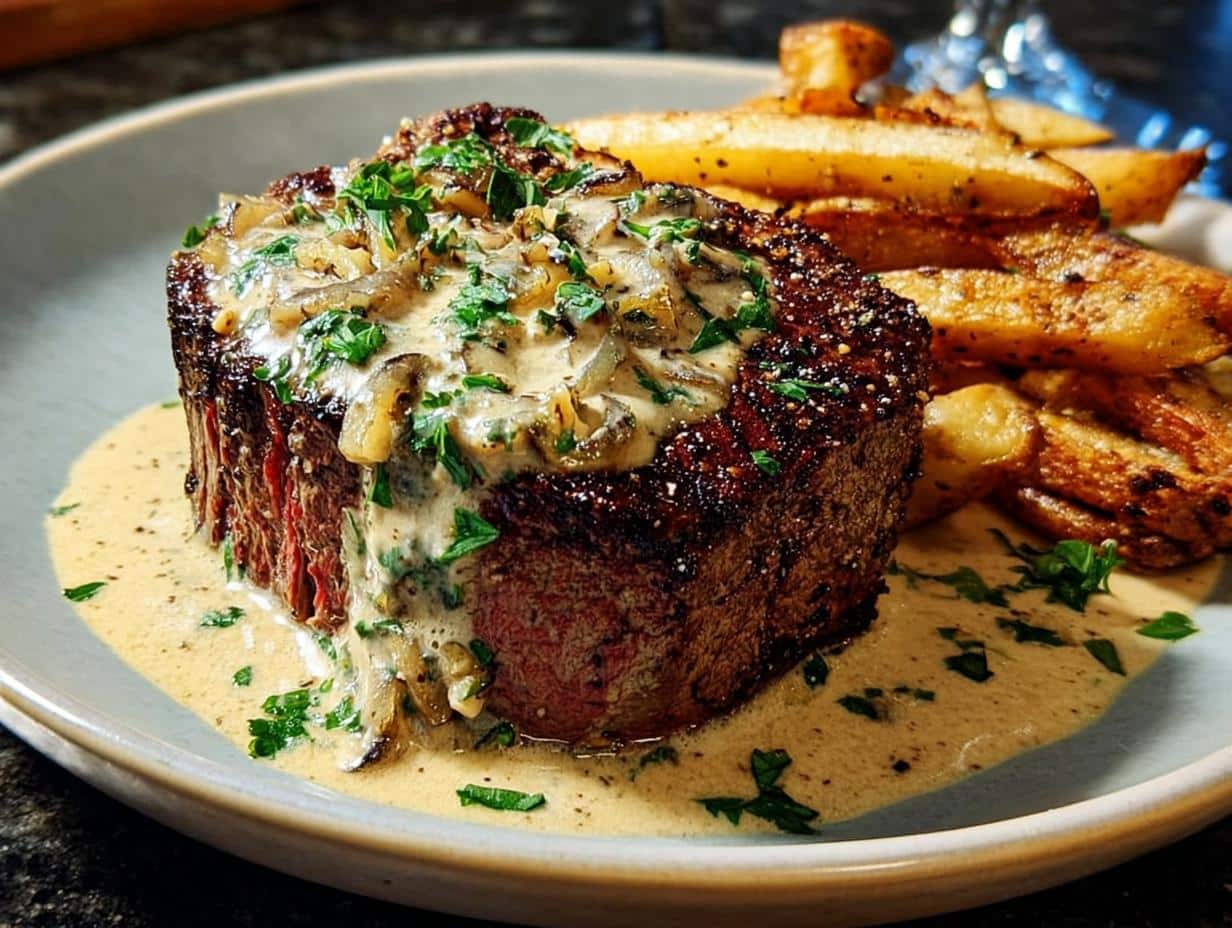 A thick, perfectly cooked steak topped with mushroom Steak Cream Sauce and fresh parsley, served with seasoned fries.