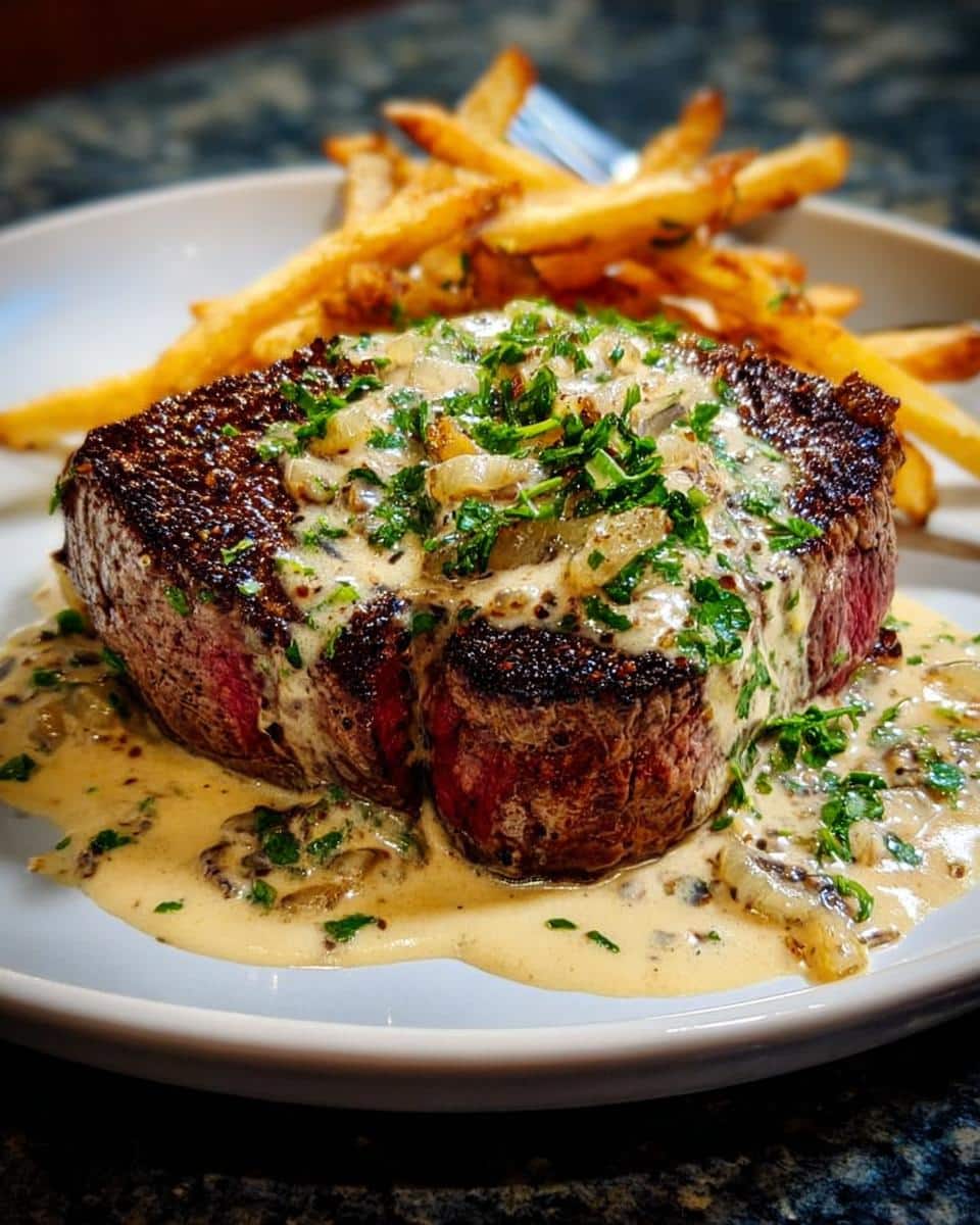 Thick, perfectly seared steak smothered in a rich Steak Cream Sauce with mushrooms and parsley, served with french fries.