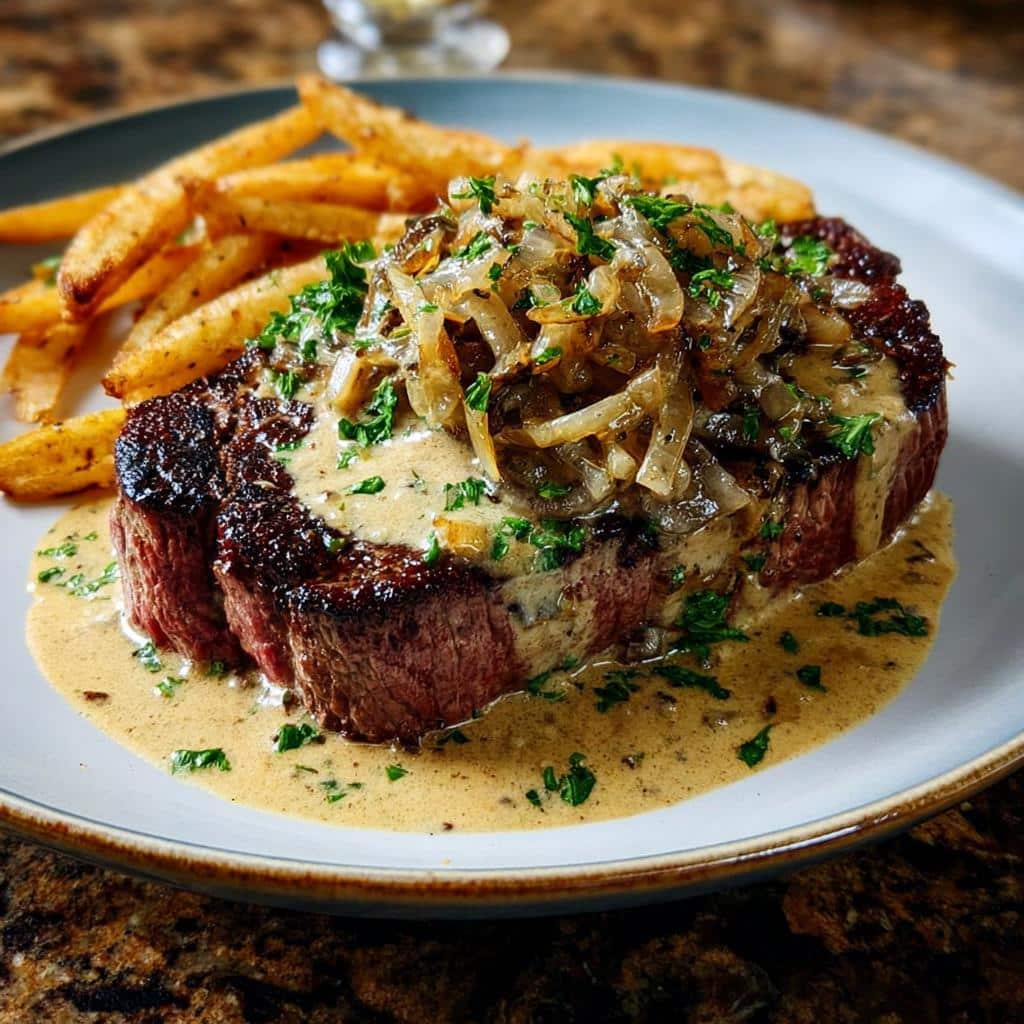 Thick-cut steak smothered in Steak Cream Sauce, topped with caramelized onions and parsley, served with fries.