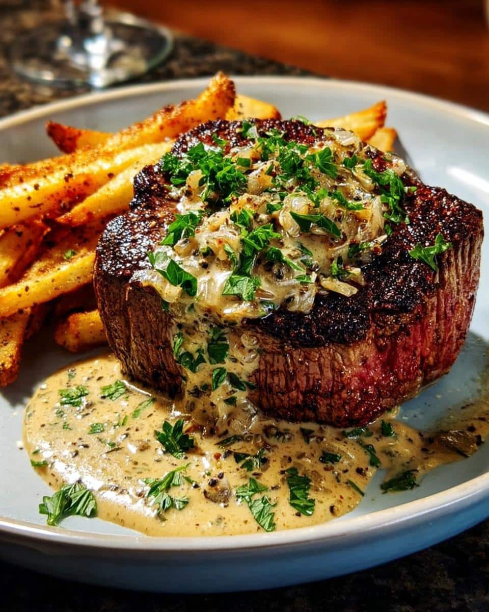Thick, perfectly seared steak topped with rich Steak Cream Sauce and fresh parsley, served with seasoned fries.