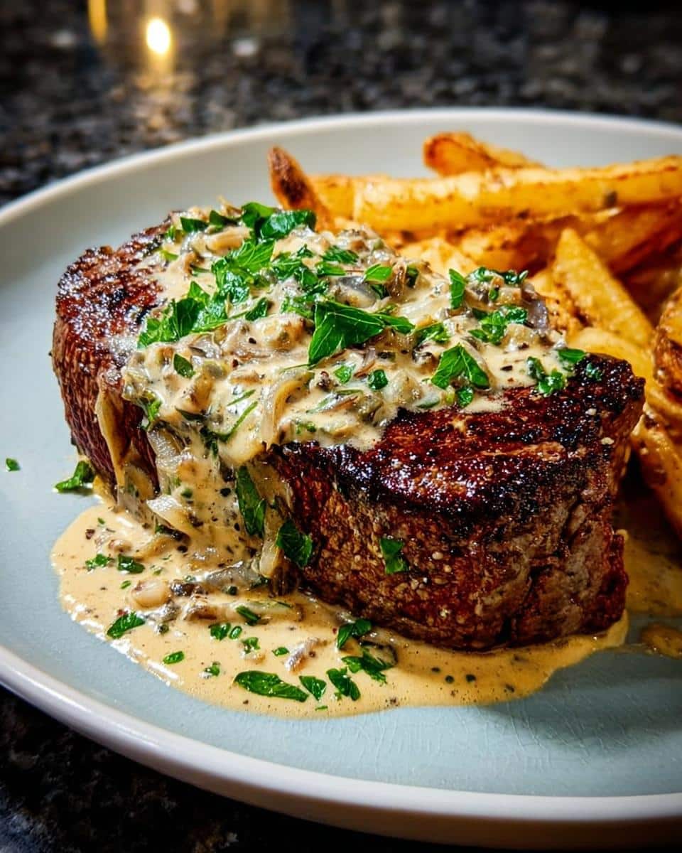 A perfectly seared steak topped with a creamy mushroom Steak Cream Sauce and fresh parsley, served with thick-cut fries.