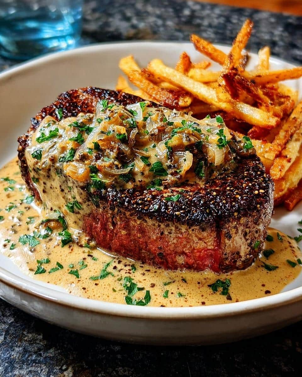 A perfectly cooked steak topped with rich Steak Cream Sauce, onions, and parsley, served with french fries.
