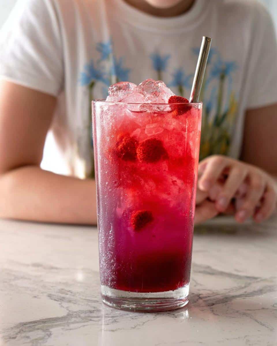 A tall glass filled with a vibrant red and purple Strawberry Acai Refresher, ice, and whole berries, with a metal straw.