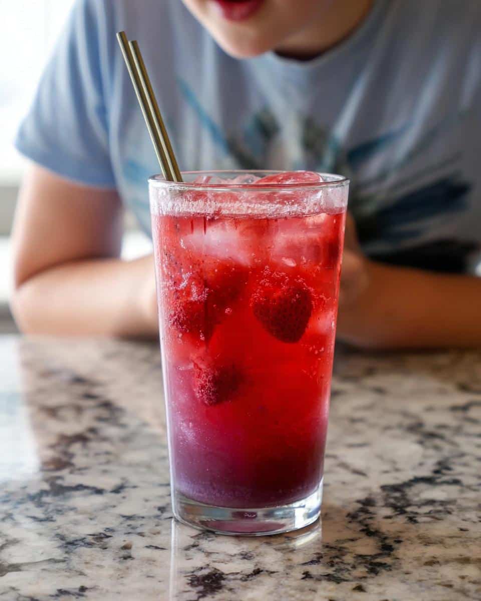 A tall glass filled with a bright red Strawberry Acai Refresher, ice cubes, and whole strawberries, with a child about to drink it.