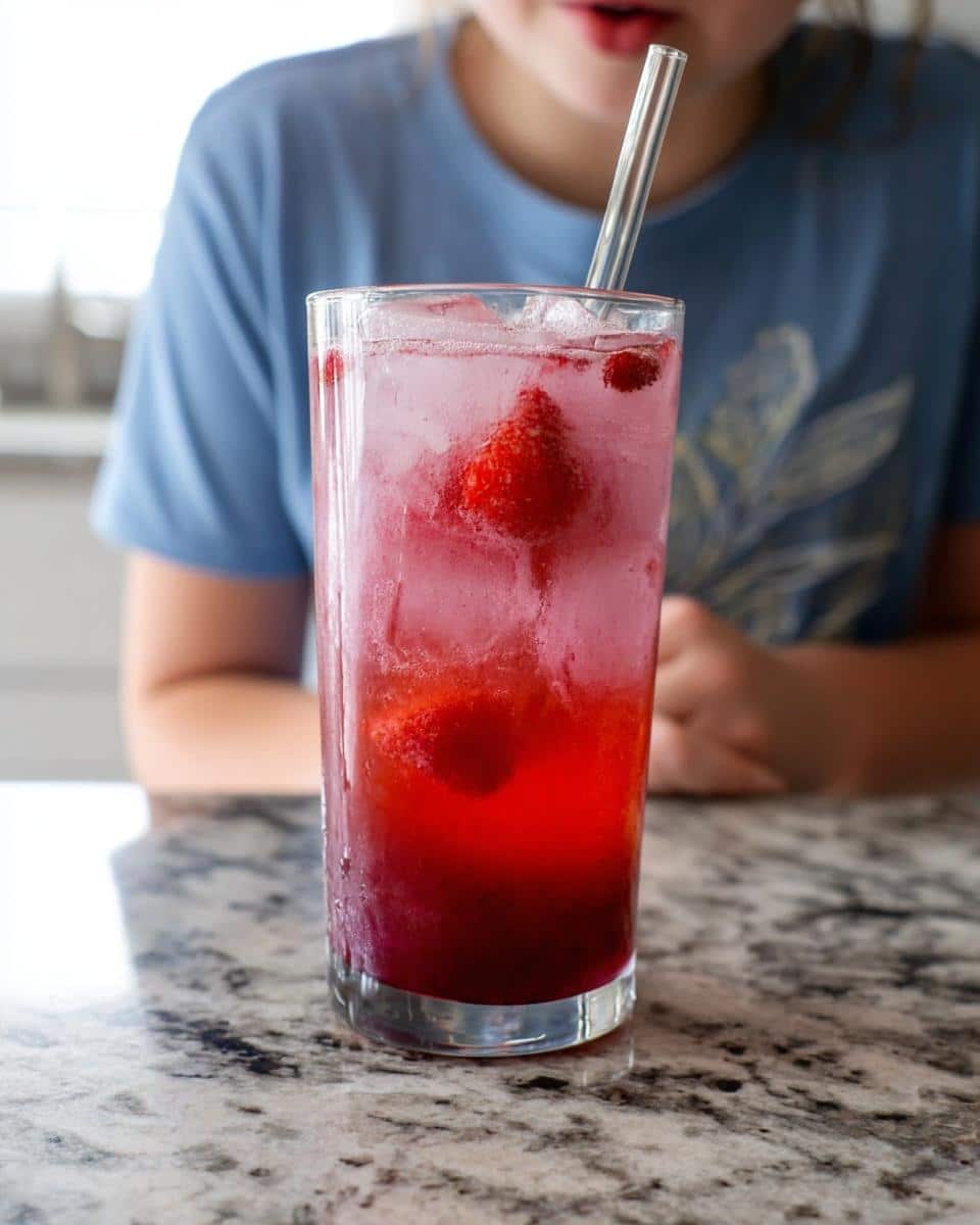 A tall glass filled with a vibrant pink and red Strawberry Acai Refresher, ice, and whole strawberries, held by a person.