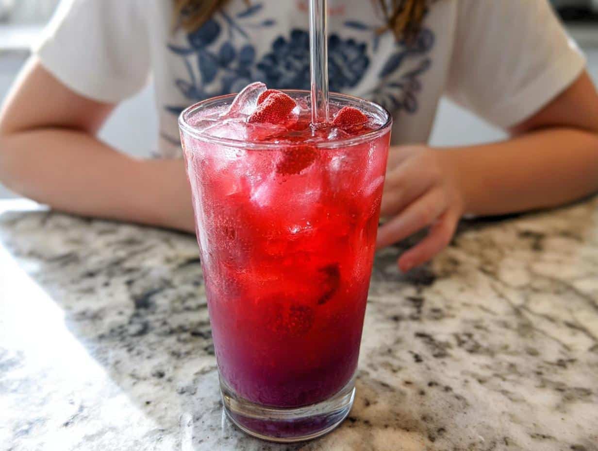 A tall, sweating glass filled with a vibrant red Strawberry Acai Refresher, ice, and strawberry pieces.