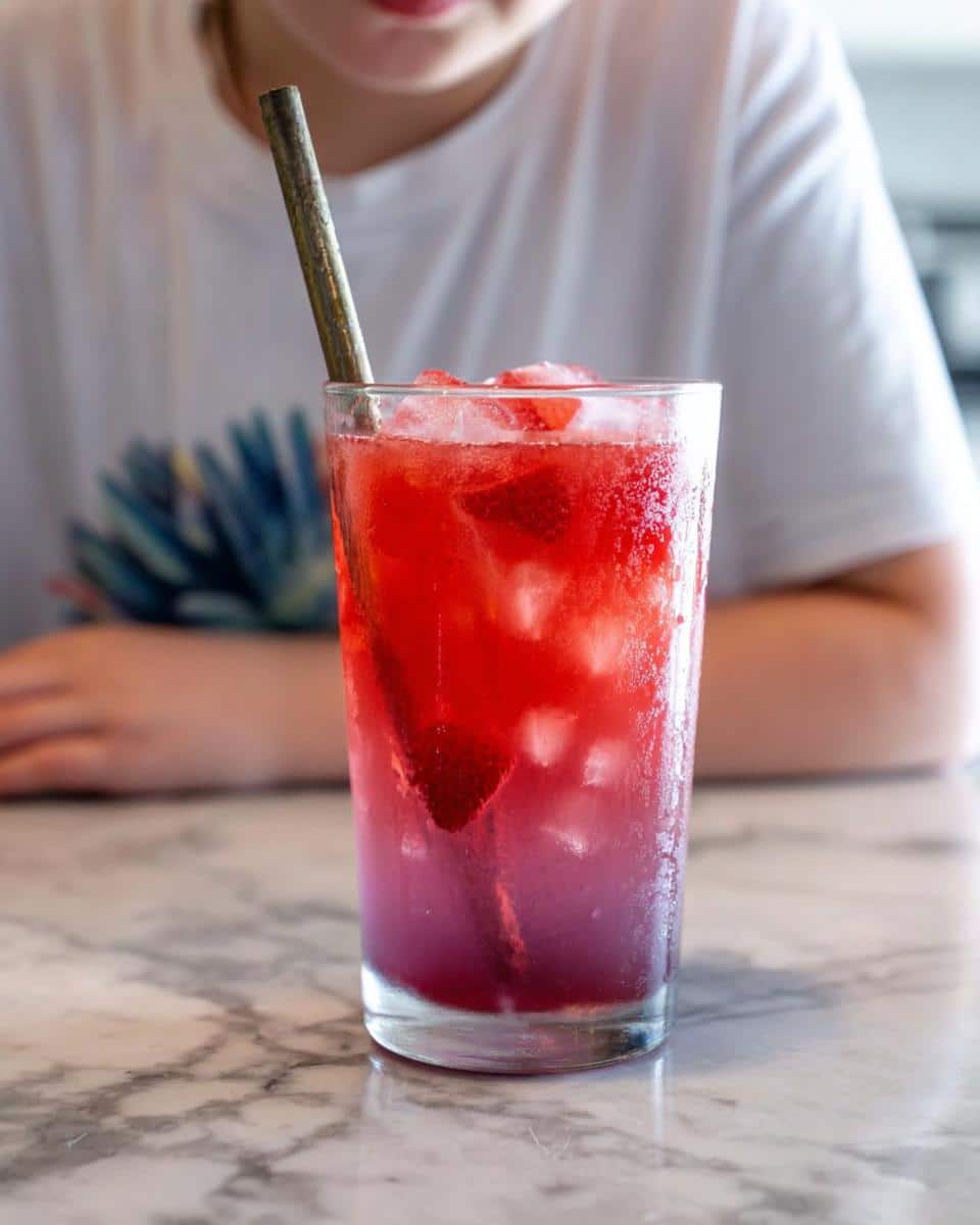 Close-up of a tall glass filled with a vibrant red and purple Strawberry Acai Refresher, ice, and strawberry pieces.