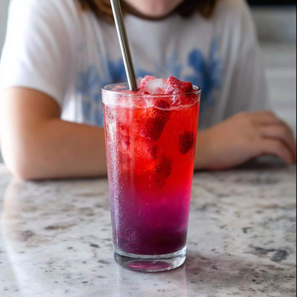 Close-up of a tall glass containing a layered Strawberry Acai Refresher with ice and strawberry pieces.