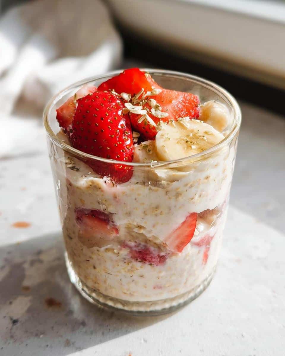 A glass filled with Strawberry Banana Overnight Oats, topped with fresh strawberries and banana slices.