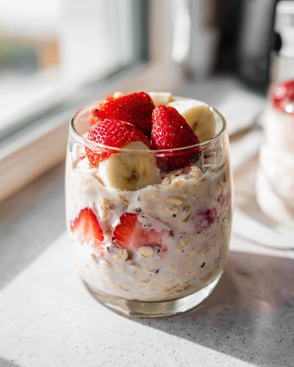 Close-up of Strawberry Banana Overnight Oats topped with fresh strawberries and banana slices in a clear glass.