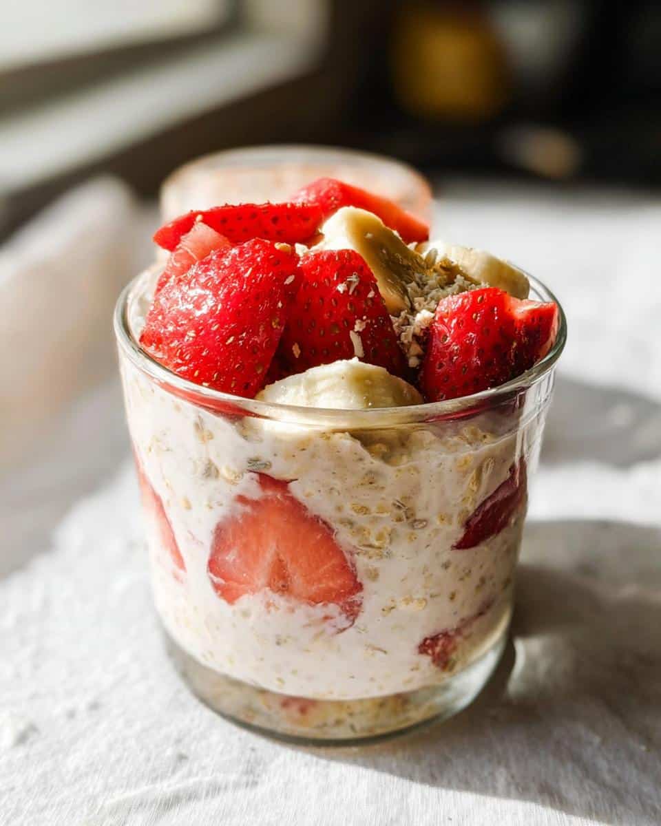 A glass jar filled with creamy Strawberry Banana Overnight Oats, topped with fresh sliced strawberries and banana.