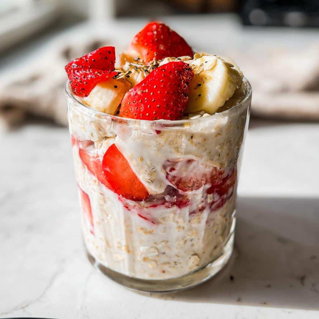 Close-up of Strawberry Banana Overnight Oats topped with fresh strawberries and banana slices.
