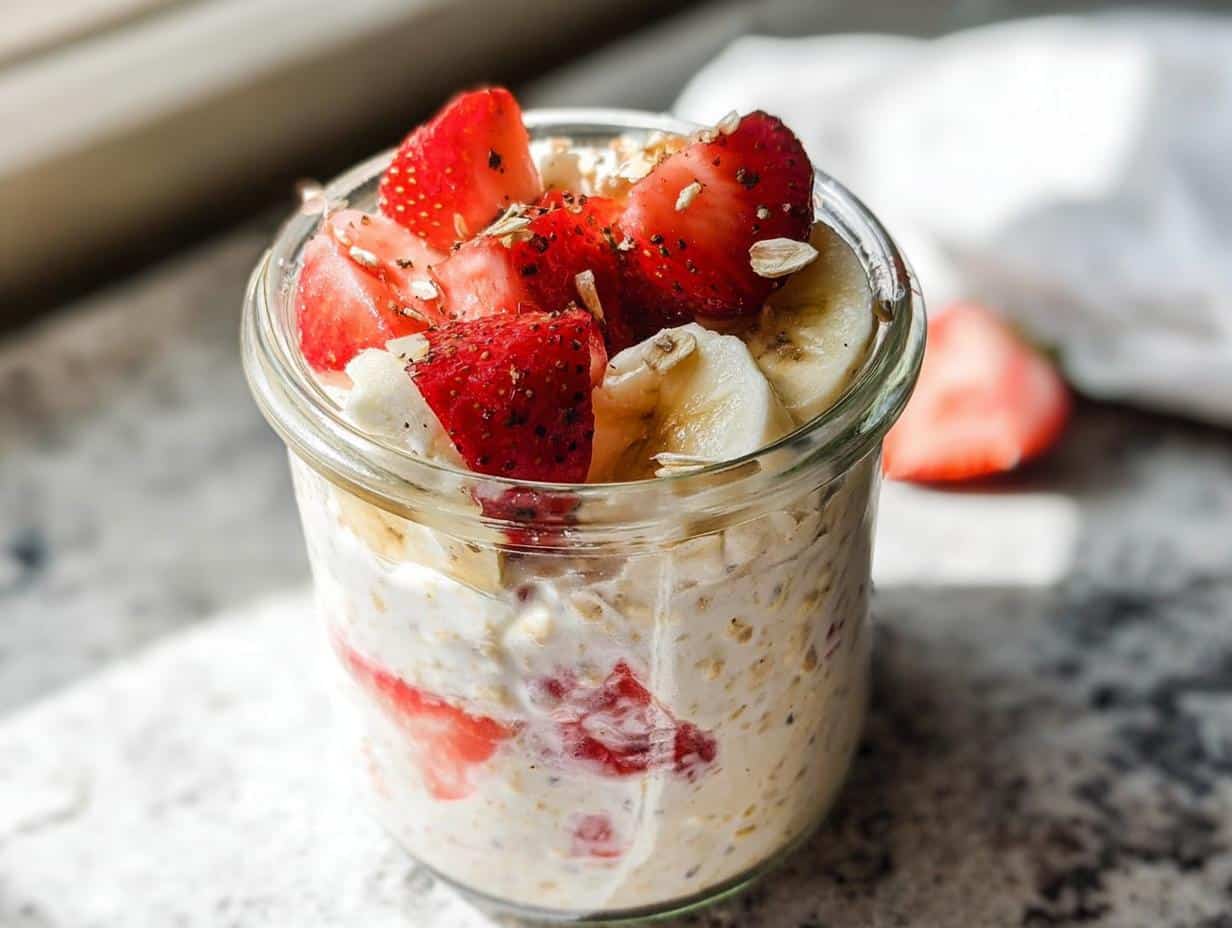 Close-up of Strawberry Banana Overnight Oats topped with fresh strawberries and banana slices.