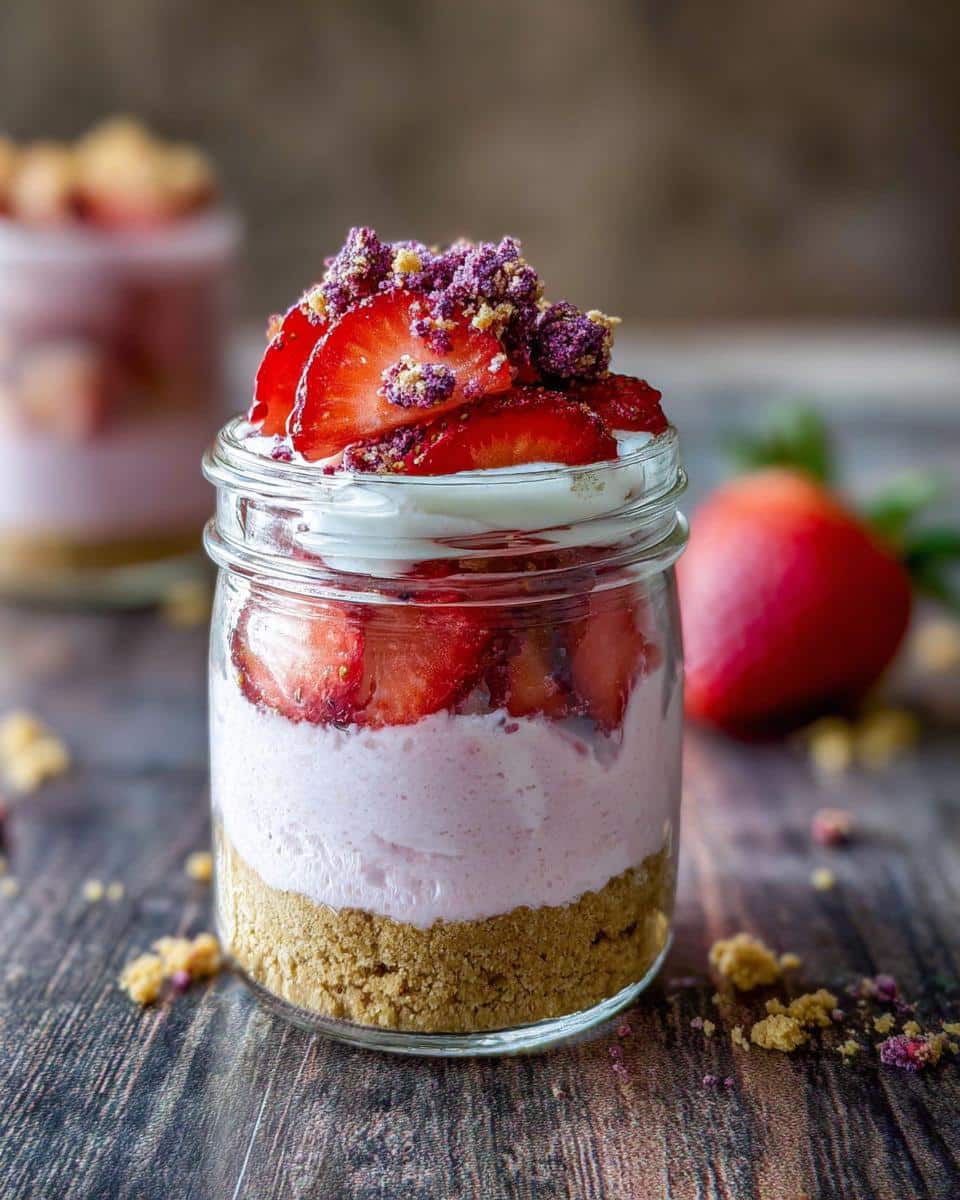 A layered Strawberry Cheesecake Cups dessert served in a small glass jar with a graham cracker crust.