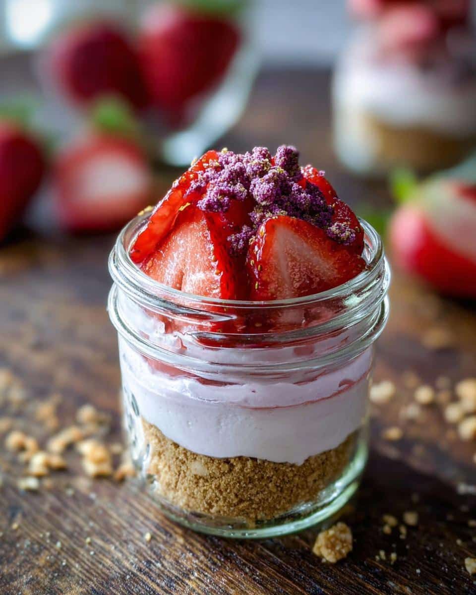 Close-up of Strawberry Cheesecake Cups layered with crust, pink filling, and topped with fresh strawberries and purple crumbles.