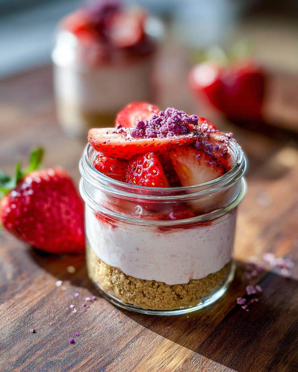 A single serving of Strawberry Cheesecake Cups layered in a small glass jar with fresh strawberries on top.