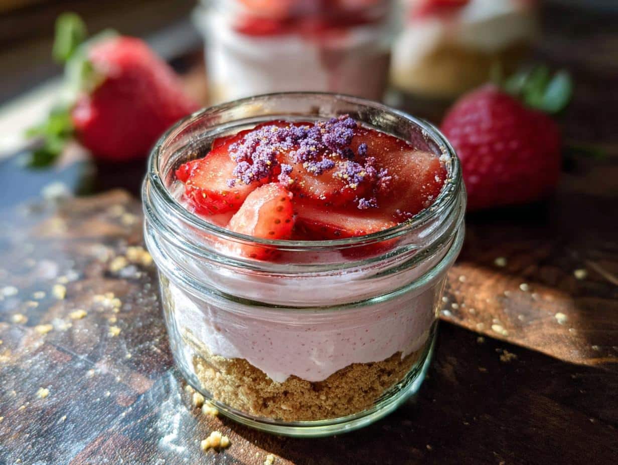 A single serving of Strawberry Cheesecake Cups layered with graham cracker crust, pink filling, and topped with sliced strawberries and purple sprinkles.