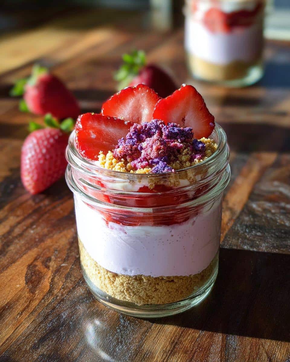 Close-up of a layered Strawberry Cheesecake Cups dessert in a small glass jar on a wooden surface.