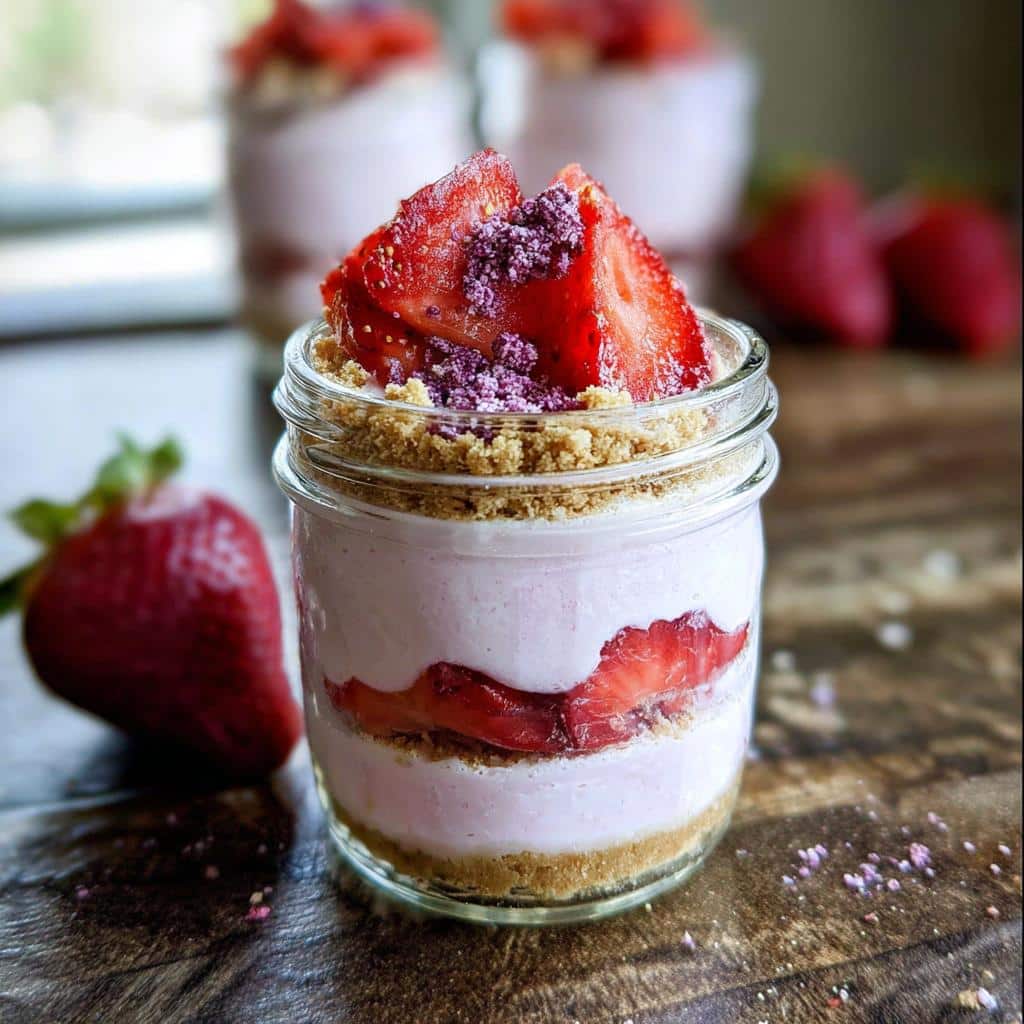 A single serving of Strawberry Cheesecake Cups layered in a small glass jar, topped with fresh strawberries.