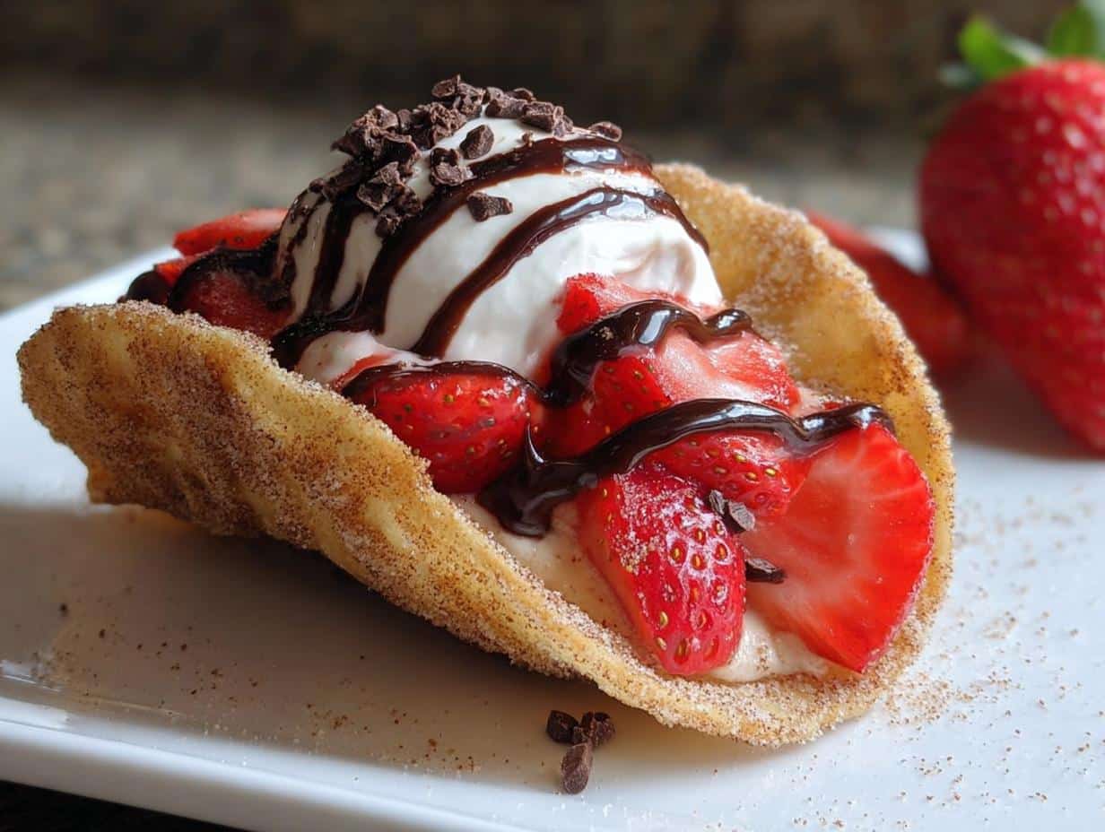 A close-up of a crispy, cinnamon-sugar coated taco dessert shells filled with vanilla ice cream, fresh strawberries, and chocolate syrup.