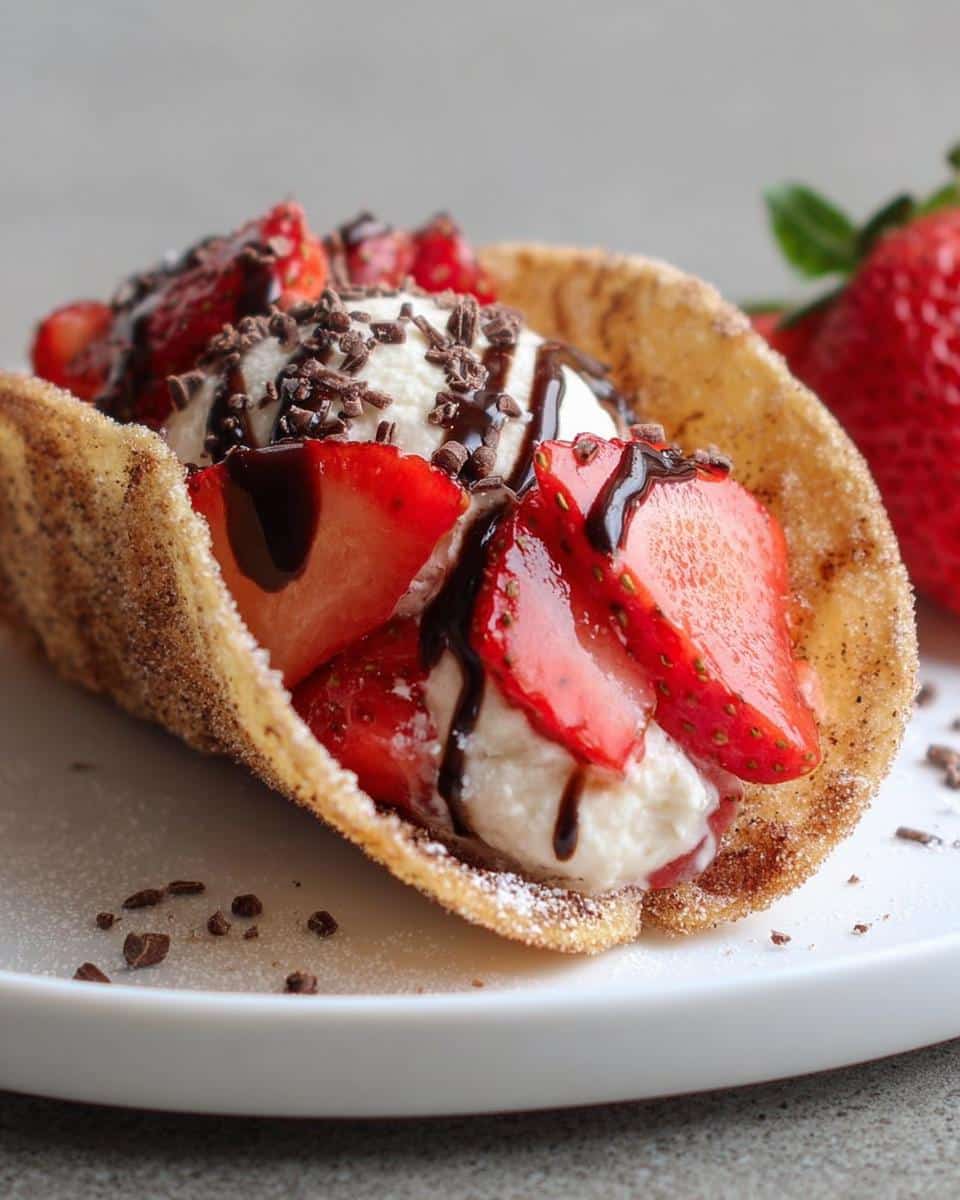 A close-up of a cinnamon-sugar Taco Dessert Shells filled with vanilla ice cream, sliced strawberries, and chocolate syrup.