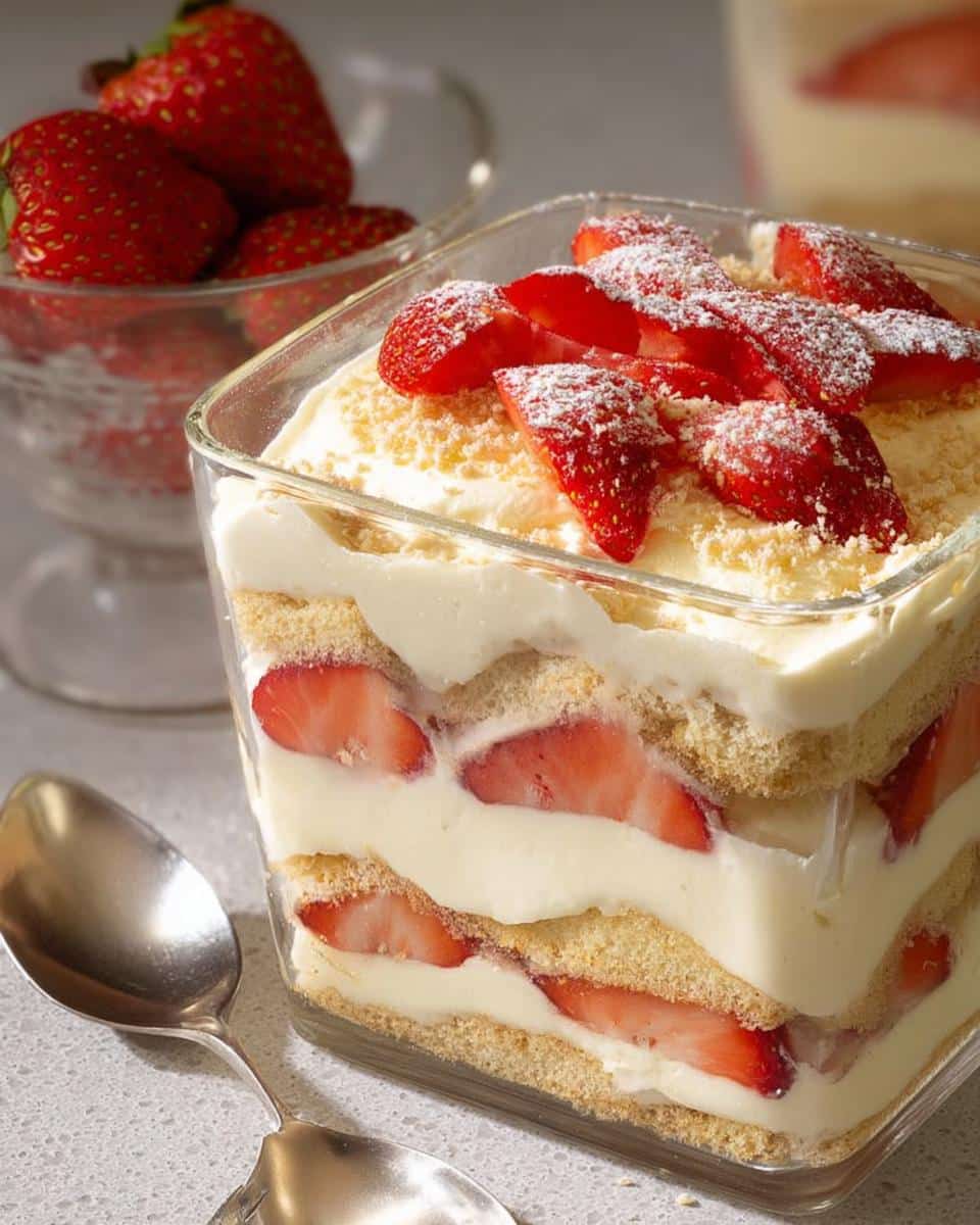 Close-up of a Vanilla Pudding Layered Dessert with cake, cream, and sliced strawberries in a glass cup.