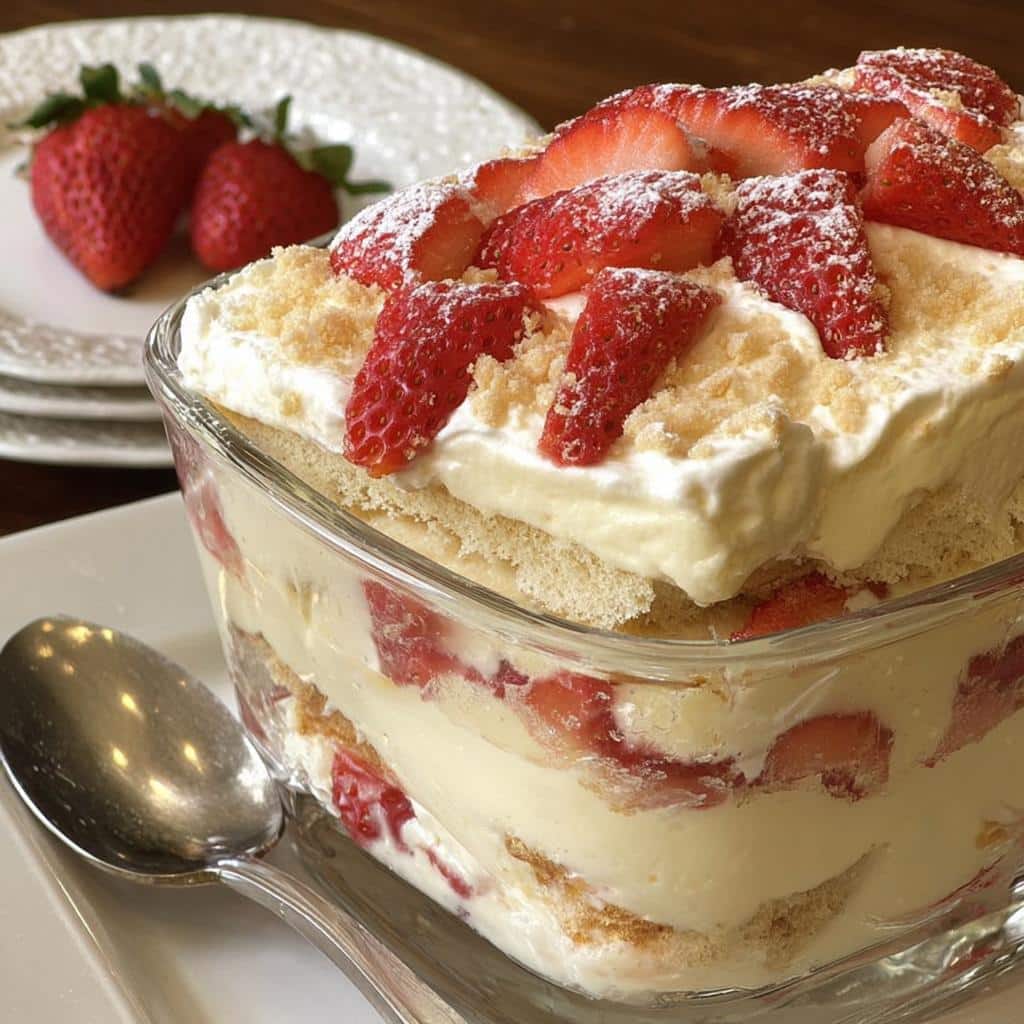 Close-up of a strawberry Vanilla Pudding Layered Dessert in a glass dish, topped with whipped cream and powdered sugar.