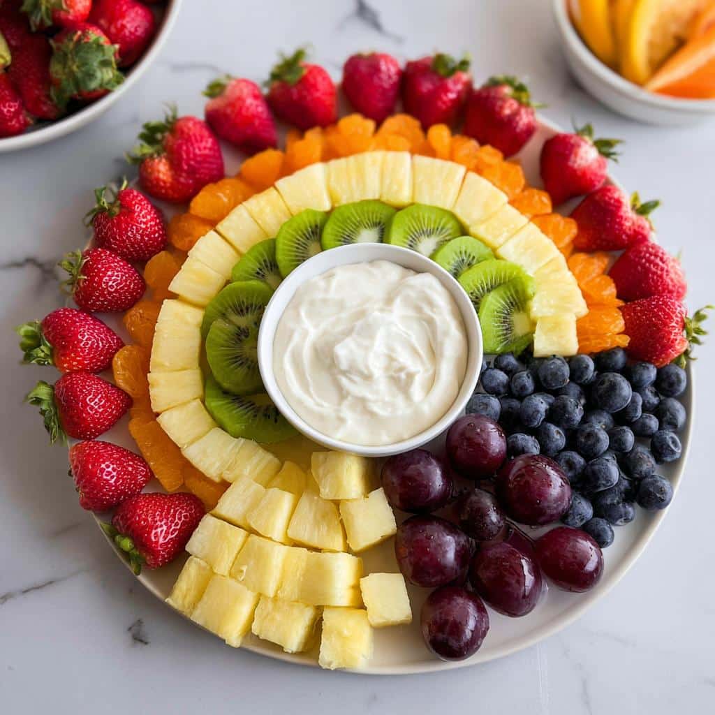 A vibrant Rainbow Fruit Platter arranged in an arc, featuring strawberries, oranges, pineapple, kiwi, blueberries, and grapes surrounding a yogurt dip.