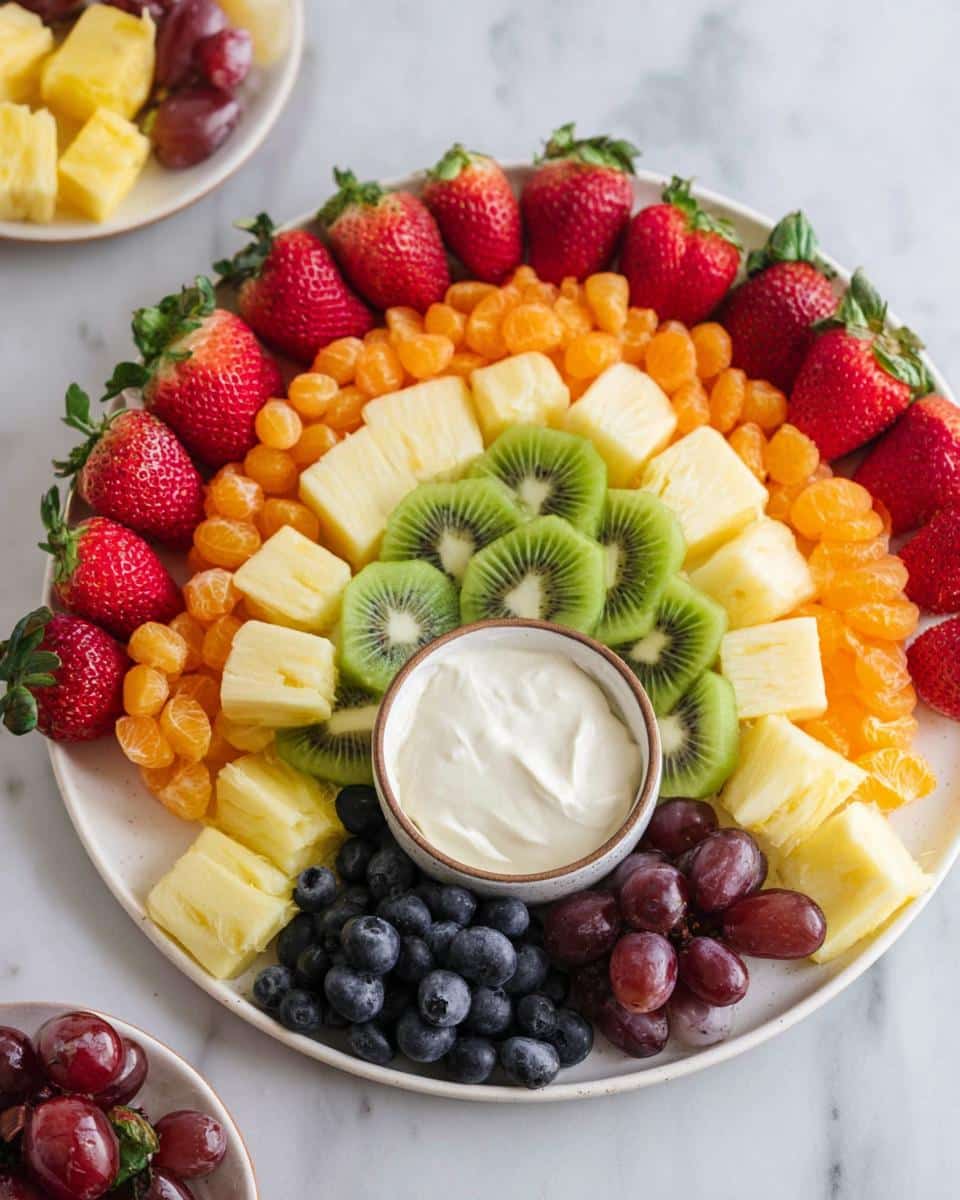 A stunning Rainbow Fruit Platter arranged in colorful arcs with strawberries, mandarins, pineapple, kiwi, blueberries, and grapes surrounding a central yogurt dip.